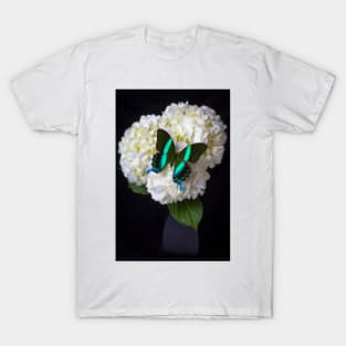 Green Blue Butterfly On White Hydrangea T-Shirt